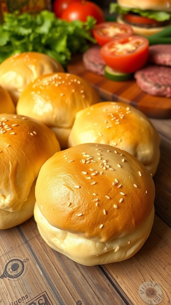 Freshly baked golden hamburger buns with sesame seeds on a wooden table, surrounded by burger ingredients.